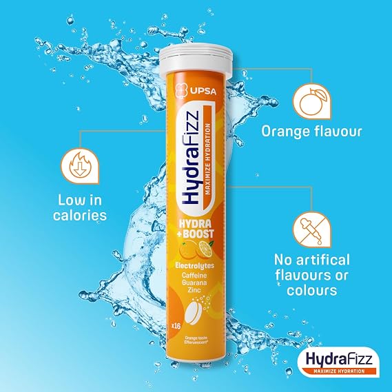 UPSA Hydrafizz Boost Electrolyte Tablets Orange 16 Effervescent Tablets | Electrolytes, Caffeine, Guarana, Zinc, Vitamins C & B3, Energy & Hydration Support, Orange Flavour