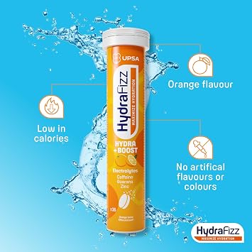 UPSA Hydrafizz Boost Electrolyte Tablets Orange 16 Effervescent Tablets | Electrolytes, Caffeine, Guarana, Zinc, Vitamins C & B3, Energy & Hydration Support, Orange Flavour