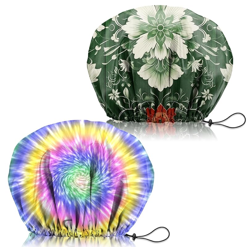 Touca de banho Zewurtuw ajustável e reutilizável com camada dupla impermeável, multicolorida, pacote com 2