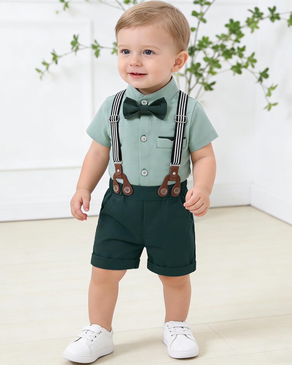 Baby Boy Clothes Suits 3-24M Infant Gentleman Wedding Outfits, Short Sleeve Shirt + Bowtie + Suspender Shorts Set - Image 3