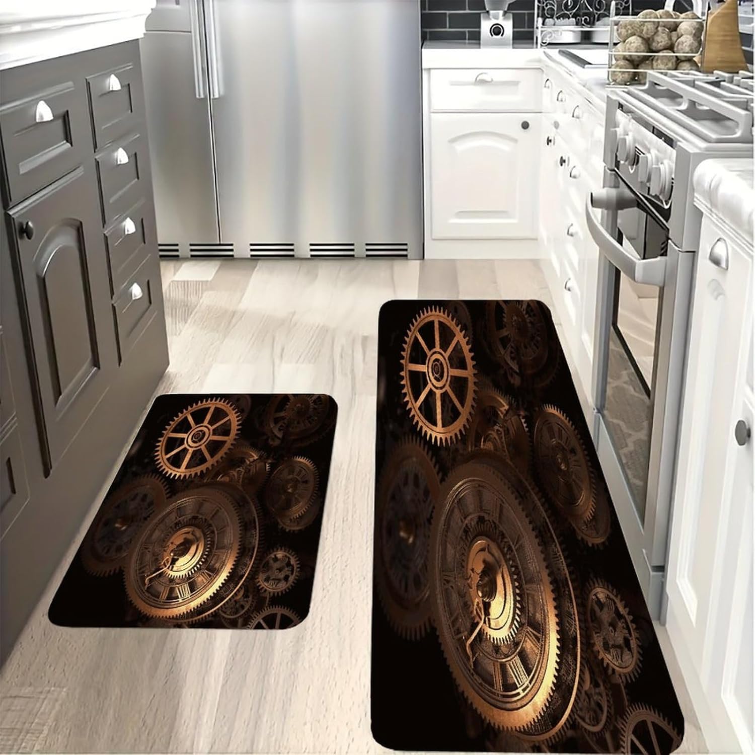 Gears Clock Bronze Century Kitchen Mats with 2PCS Non-Slip Washable,Kitchen Rug Heavy Duty Durable, Floor Mats for Kitchen,Office,Sink,Laundry