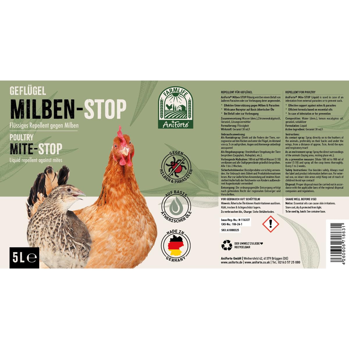 AniForte Milben Stop Flüssig für Hühner & Geflügel 5 Liter - gegen Milben & Parasiten, bei akutem Befall & Vorbeugende Maßnahme, Effektive Abwehr, Ideal zum Nachfüllen von AniForte Milben Stop Spray