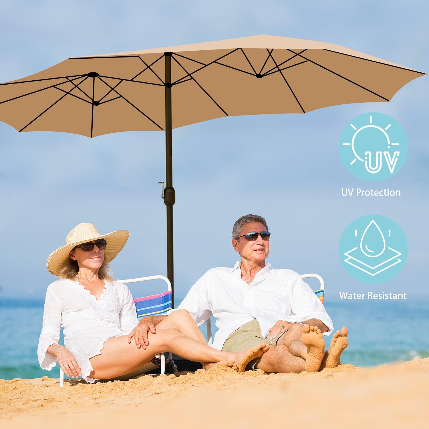 Aoodor 15 ft. Double Sided Patio Umbrella Dining Table Outdoor Market Umbrella with Base Stand - Brown
