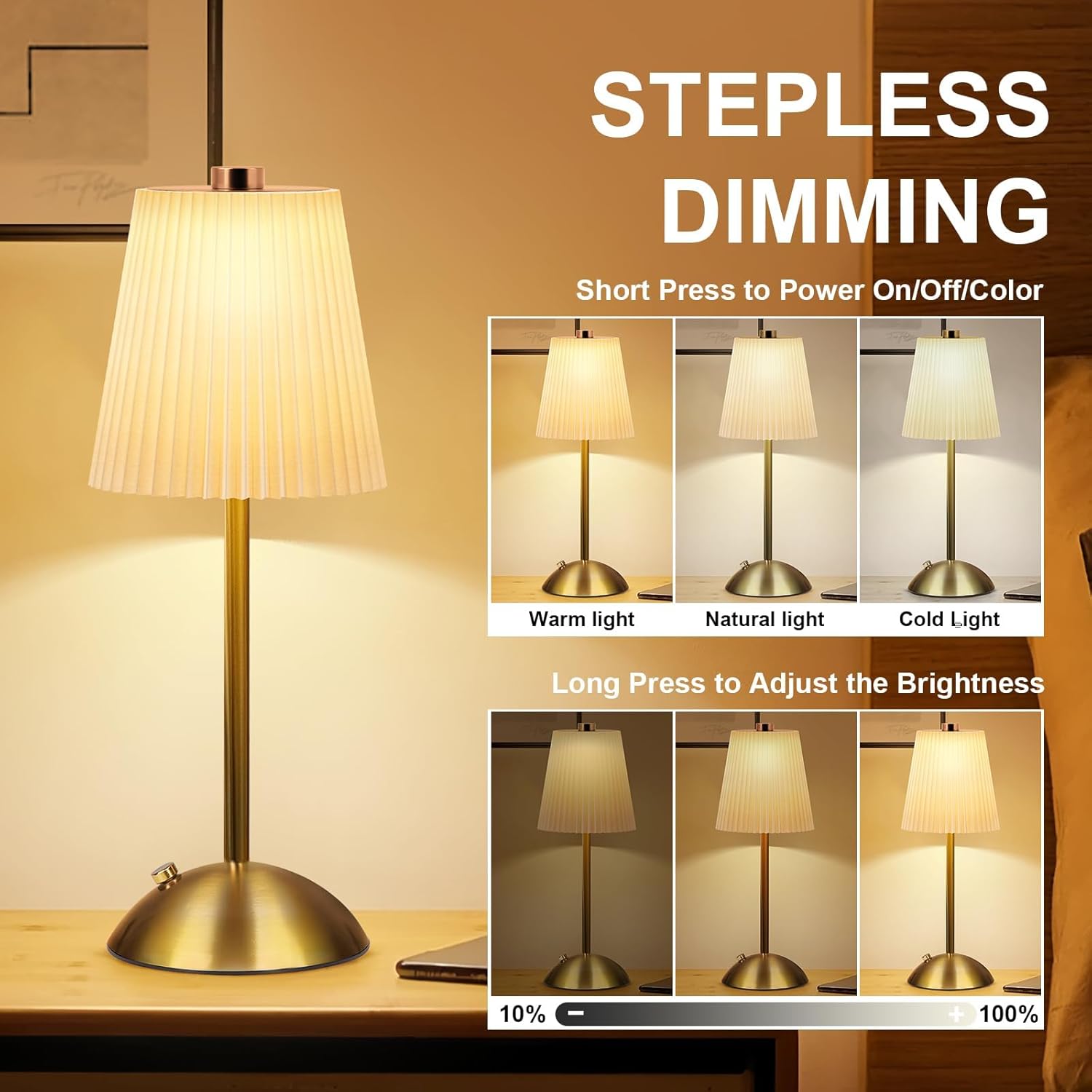 FRIDEKO HOME Rechargeable Table Lamp Gold - Cordless Battery Operated Lamp, Fabric Shade Desk Lamp, Wireless Lamp for Decor Bedroom Dining Table Counter (2pcs-Hard Fabric-LED-11.65in)