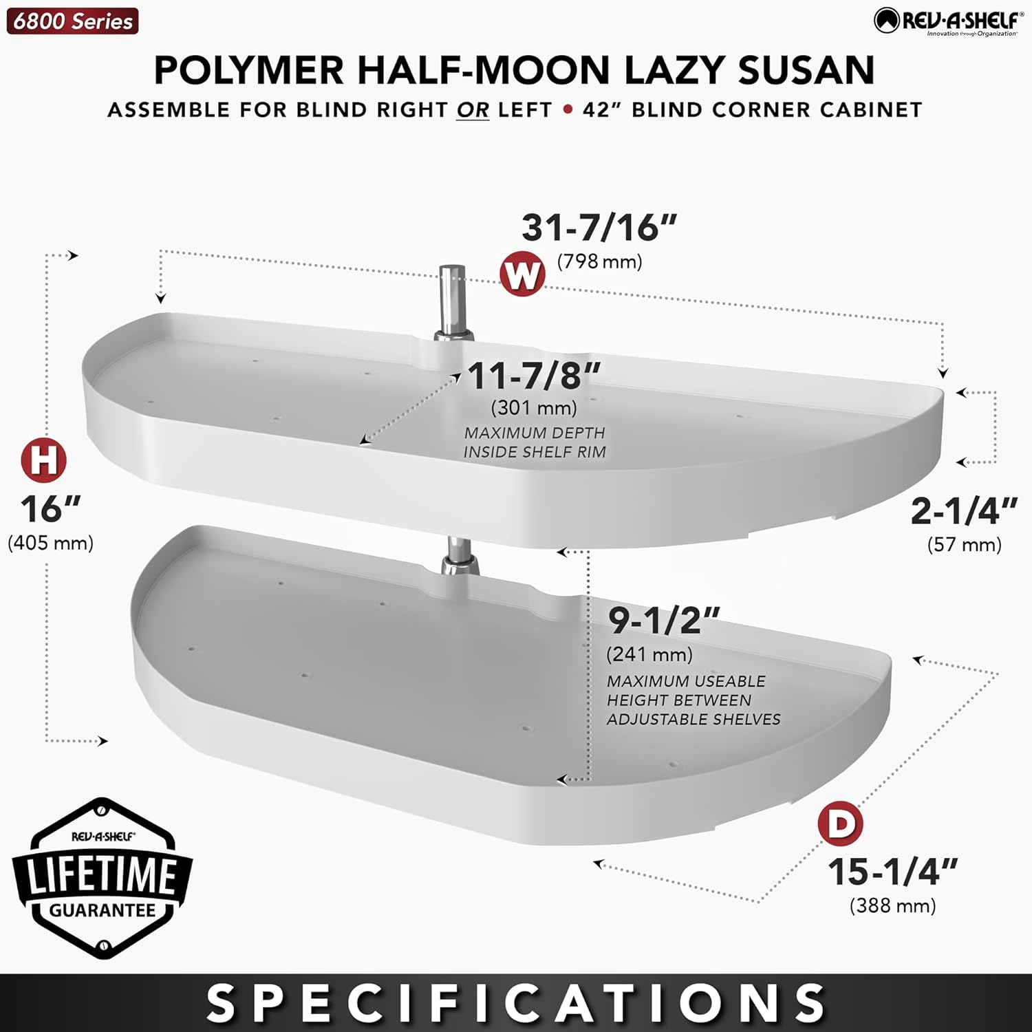 Rev-A-Shelf 31” Pull Out Half Moon Lazy Susan Shelf Sliding Organizer w/Hardware for Blind Corner Kitchen or Bathroom Cabinets, White, 6882-31-11-570