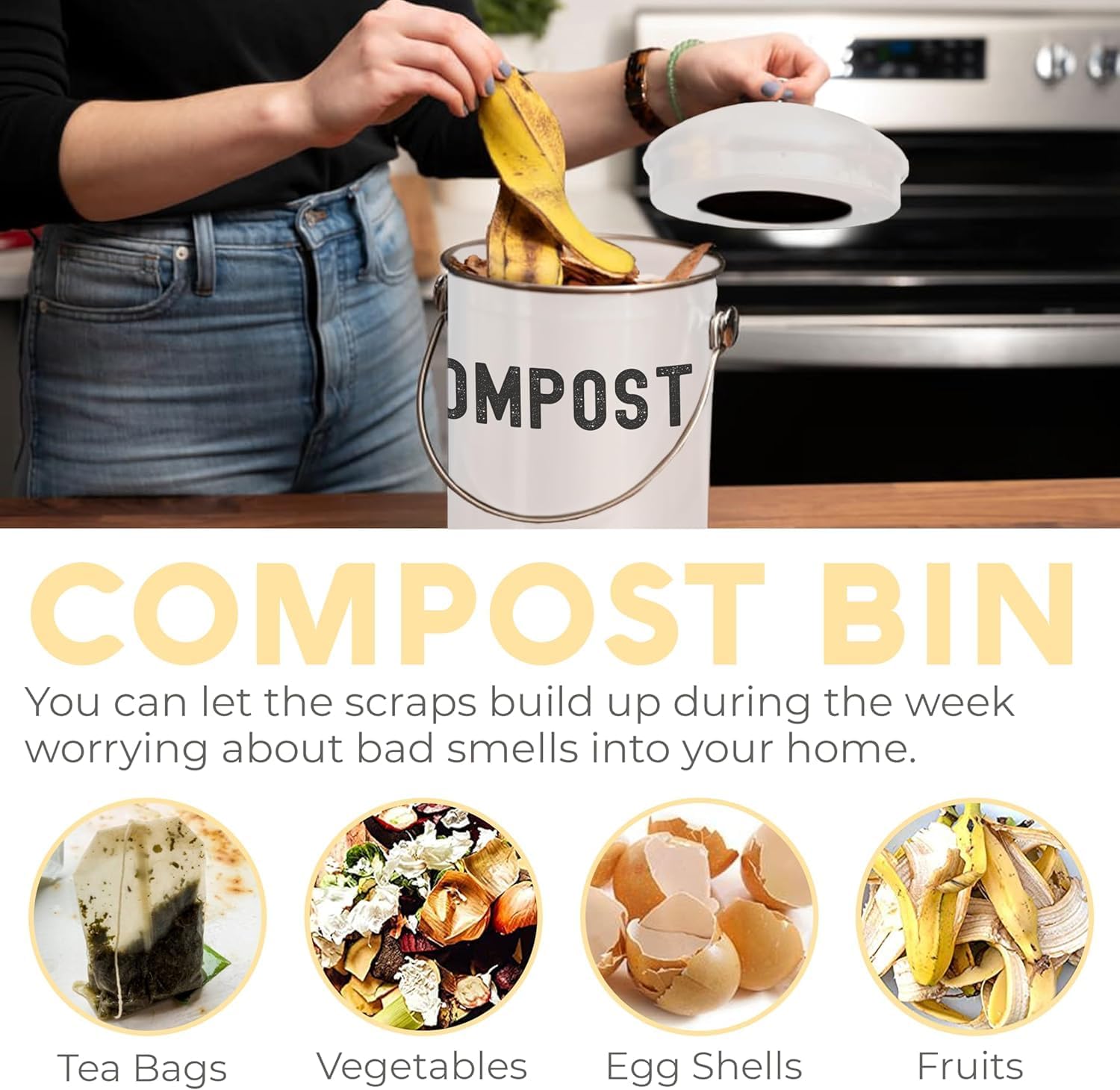 Epica Stainless Steel Compost Bin 1.3 Gallon and Replacement Charcoal Filters Set of 2