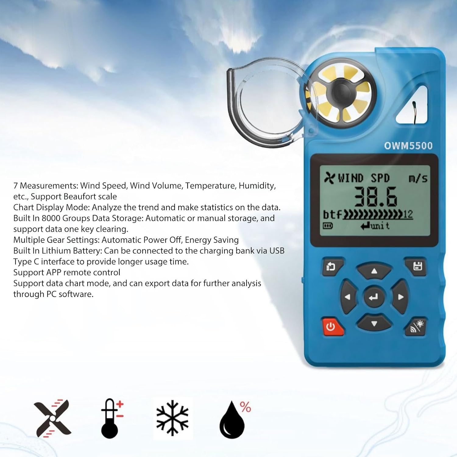 Wind Speed Meter, Digital Anemometer Barometer, Air Flow Velocity Tester, Weather Station Thermometer, Portable Humidity Wind Chill Gauge, Outdoor Wind Measurement Device