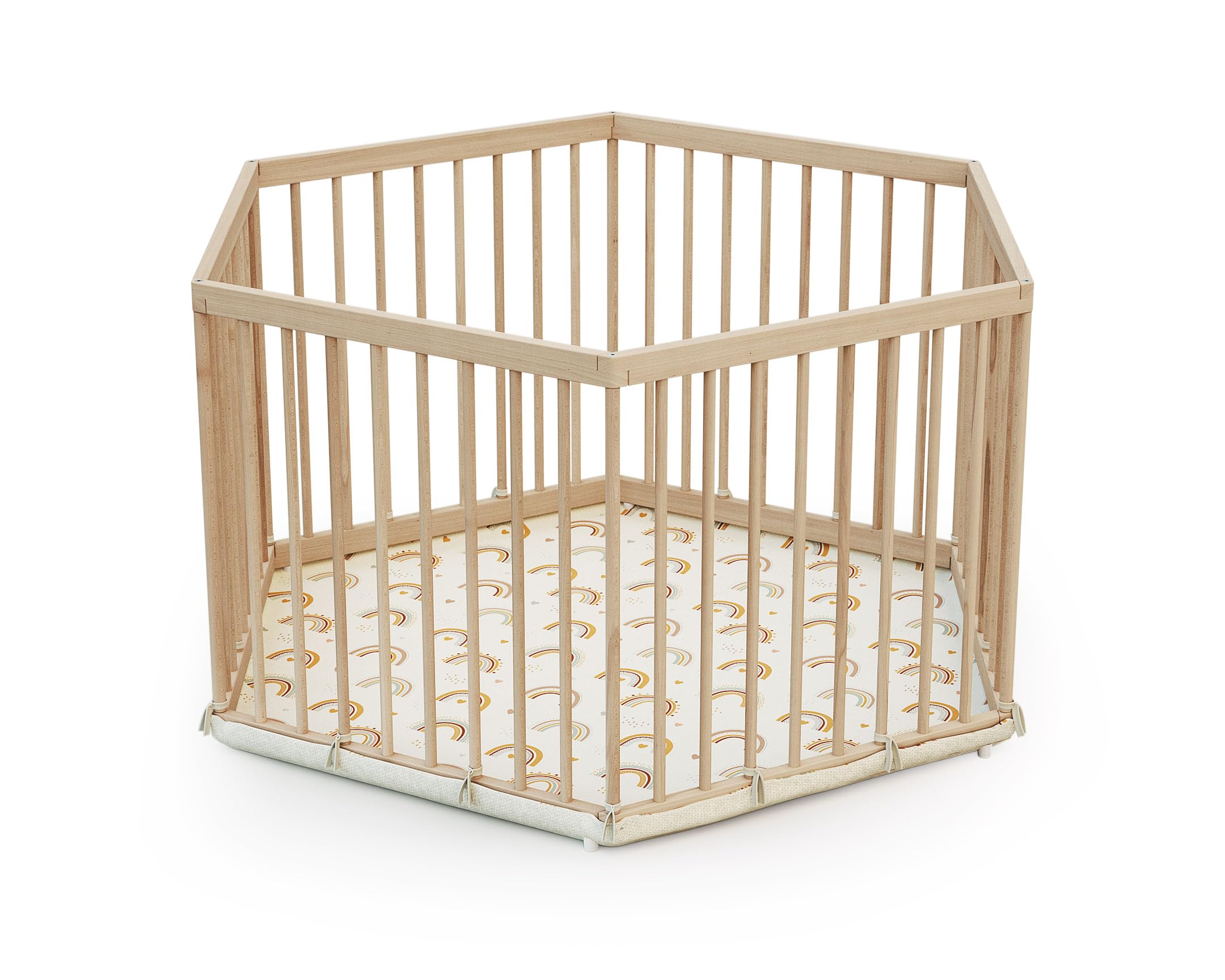 WEBABY - Parc bébé hexagonal en bois ALVEO avec fond textile - 125 x 106 x 65 cm