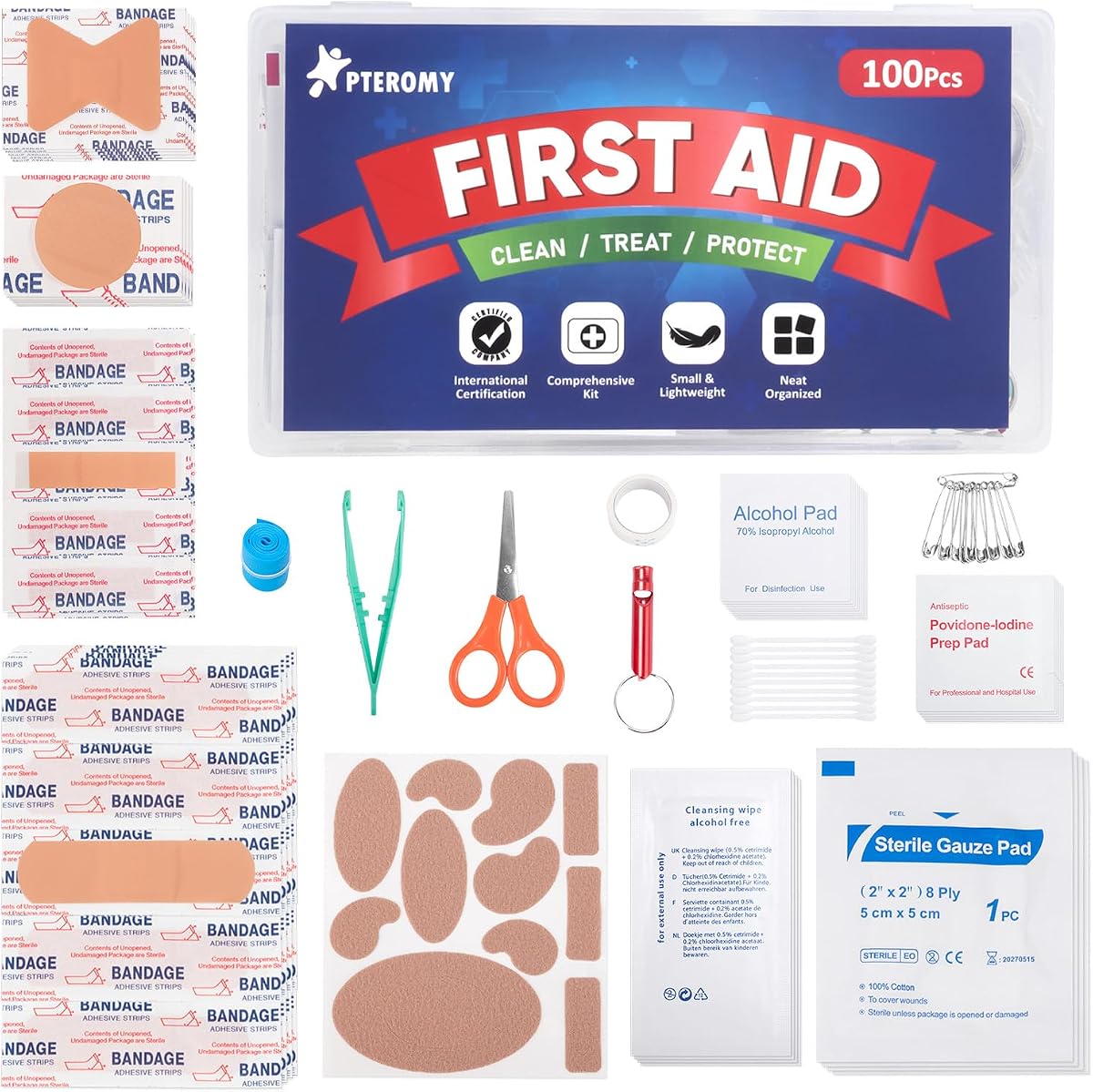 PTEROMY Mini botiquín de primeros auxilios de viaje de 100 piezas para viajes, automóvil, hogar, camping | Almacenamiento compacto y organizado, portátil y liviano, manual de instrucciones incluido, botiquín de primeros auxilios de emergencia para exteriores