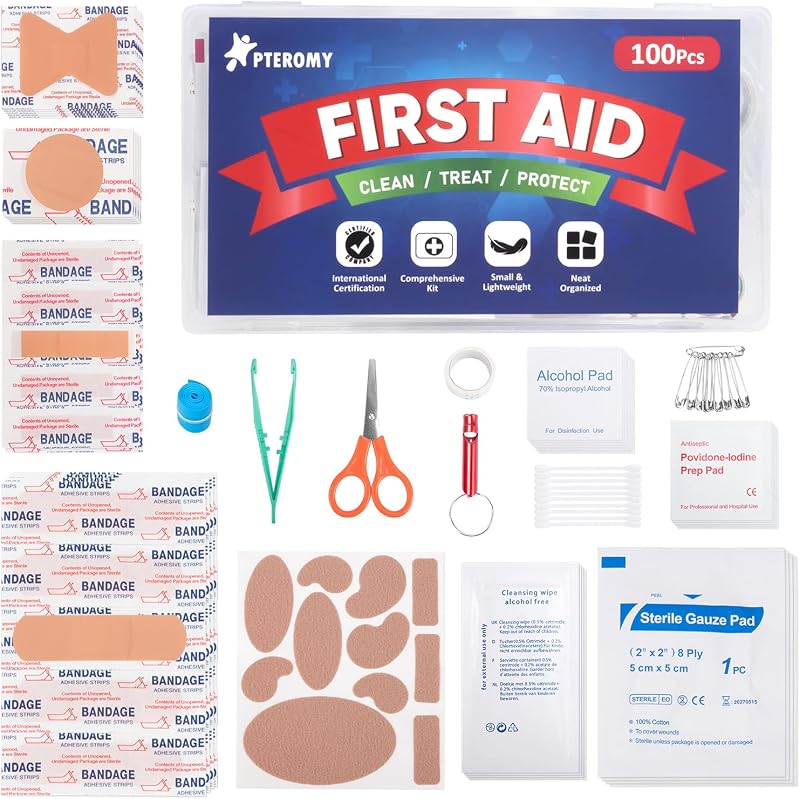 PTEROMY Mini botiquín de primeros auxilios de viaje de 100 piezas para viajes, automóvil, hogar, camping | Almacenamiento compacto y organizado, portátil y liviano, manual de instrucciones incluido, botiquín de primeros auxilios de emergencia para exteriores