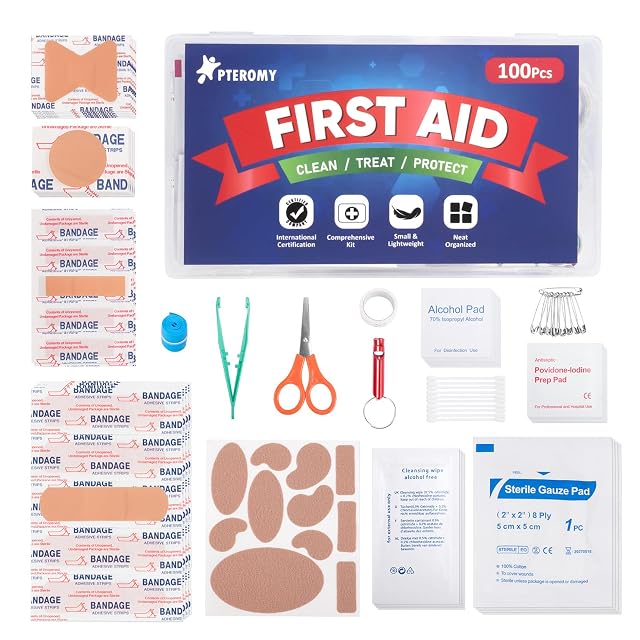 PTEROMY 100 Piece Mini First Aid Kit Portable Small Emergency Kits Compact 1st Aid Kit for Car Travel