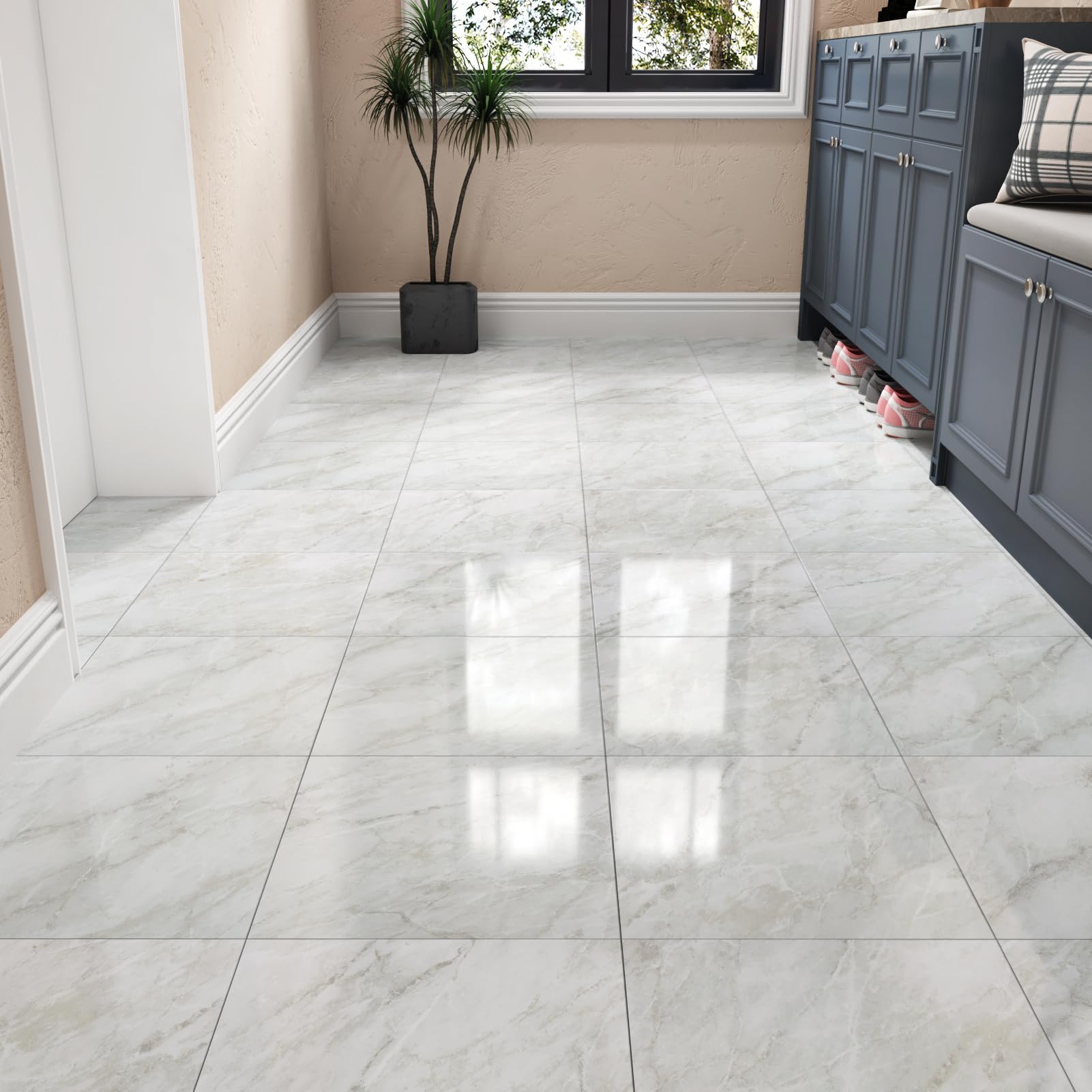 Wallercity Shiny White/Gray Peel and Stick Floor Tiles 18-Pack Self Adhesive Waterproof Vinyl Flooring Planks for Kitchen Bathroom Bedrooms 12x12 Inch