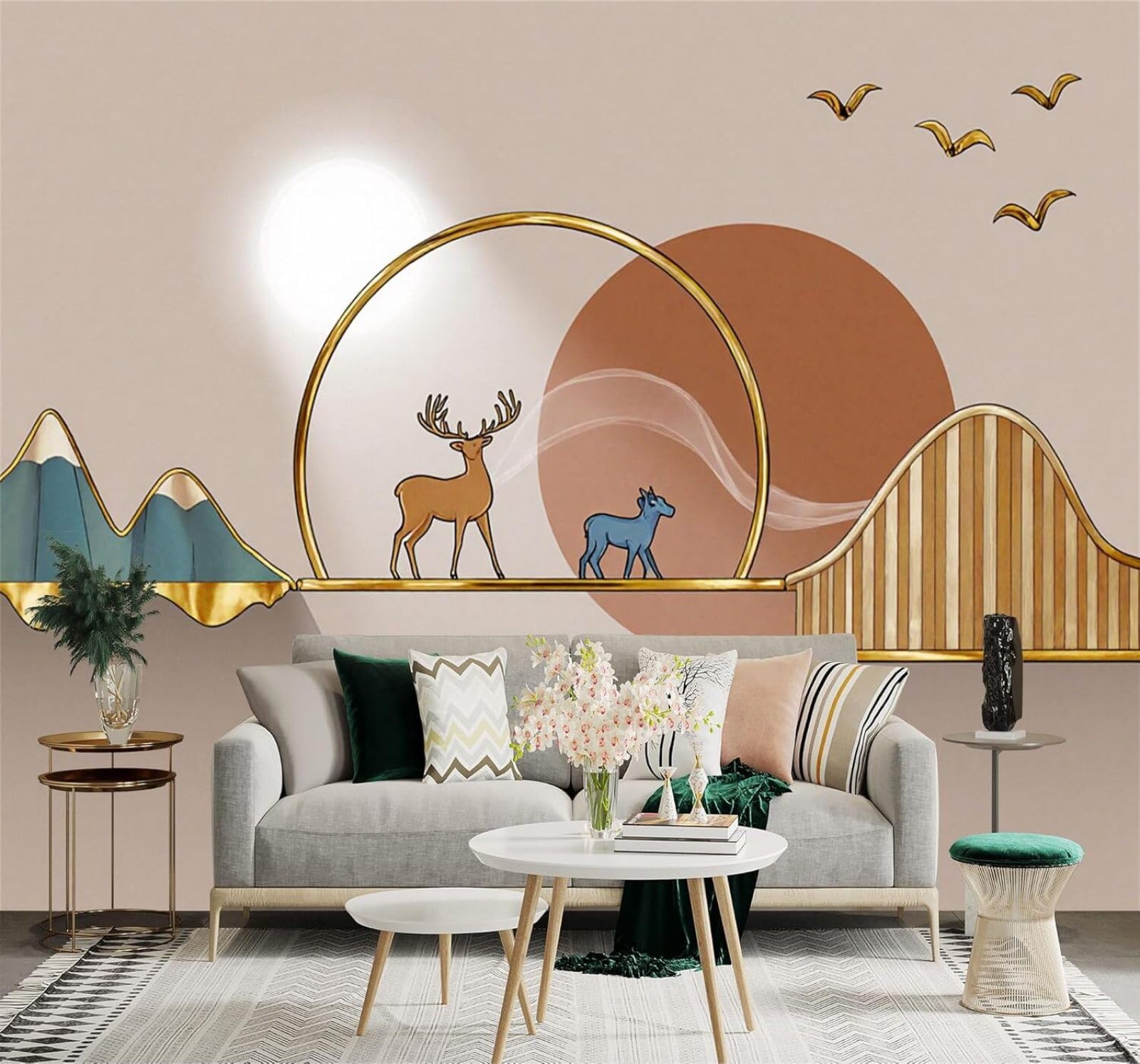 XLMING Golden Deer Mountains Sunlight Birds Art 3D Wallpaper Silky Texture Home Study Office Grey Dining Room Sofa Bedroom Living Room TV Backdrop-300cm×210cm