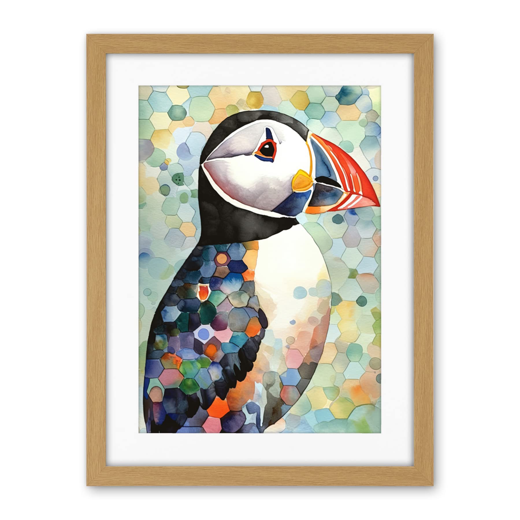 Artery8 Puffin Bird Portrait Pastel Colour Folk Art Artwork Framed Wall Art Print 18X24 Inch