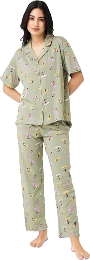 I like me Night Suit for Womens Surfing Printed Cotton Drop Shoulder Shirt and Pajama Set 9401