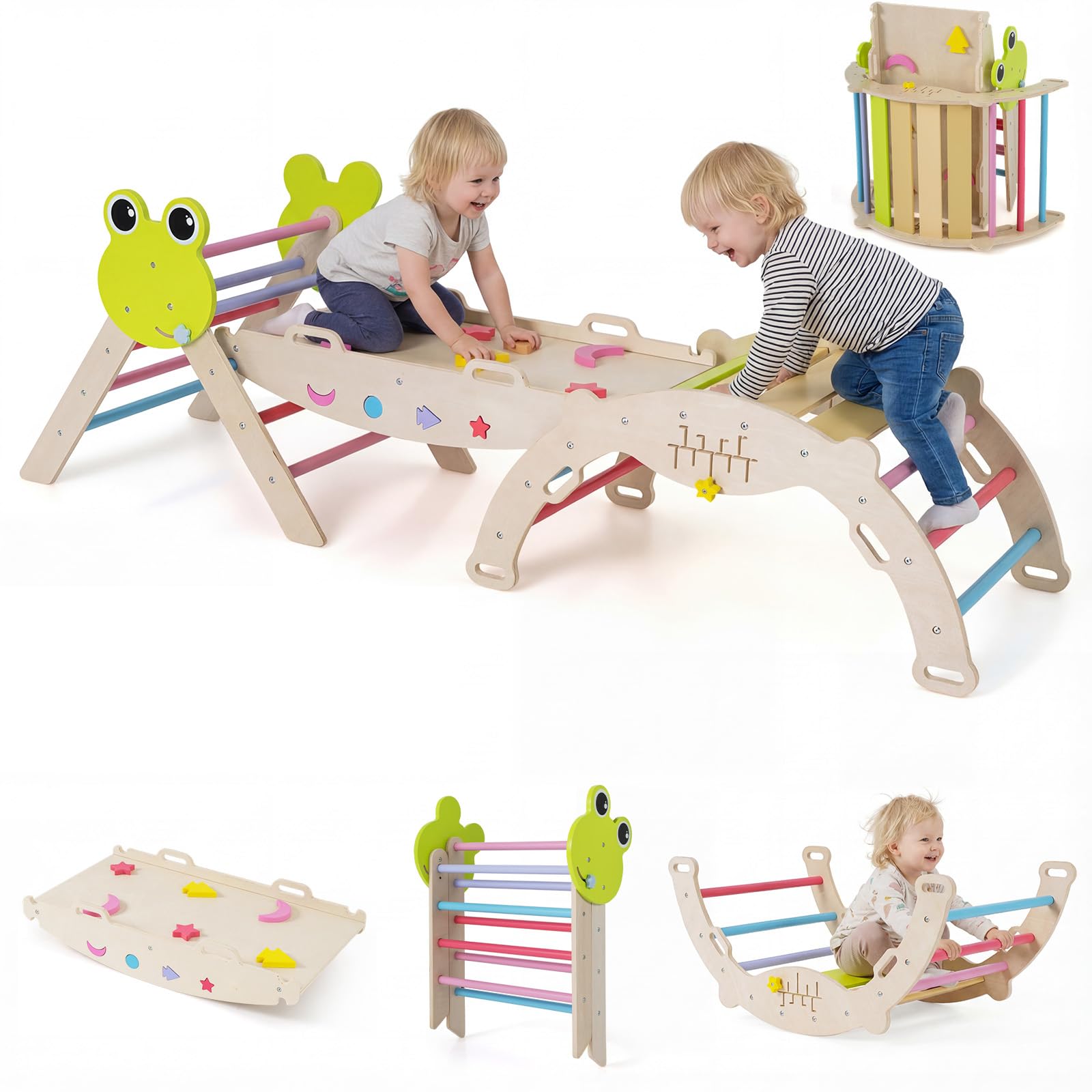 GYMAX Kids Climbing Set, Wooden Toddler Climber with Arch and Reversible Ramp, Indoor Climbing Frame for Boys Girls(Colorful, 7 in 1 Frog-Themed:189.5 x 55 x 59 cm)