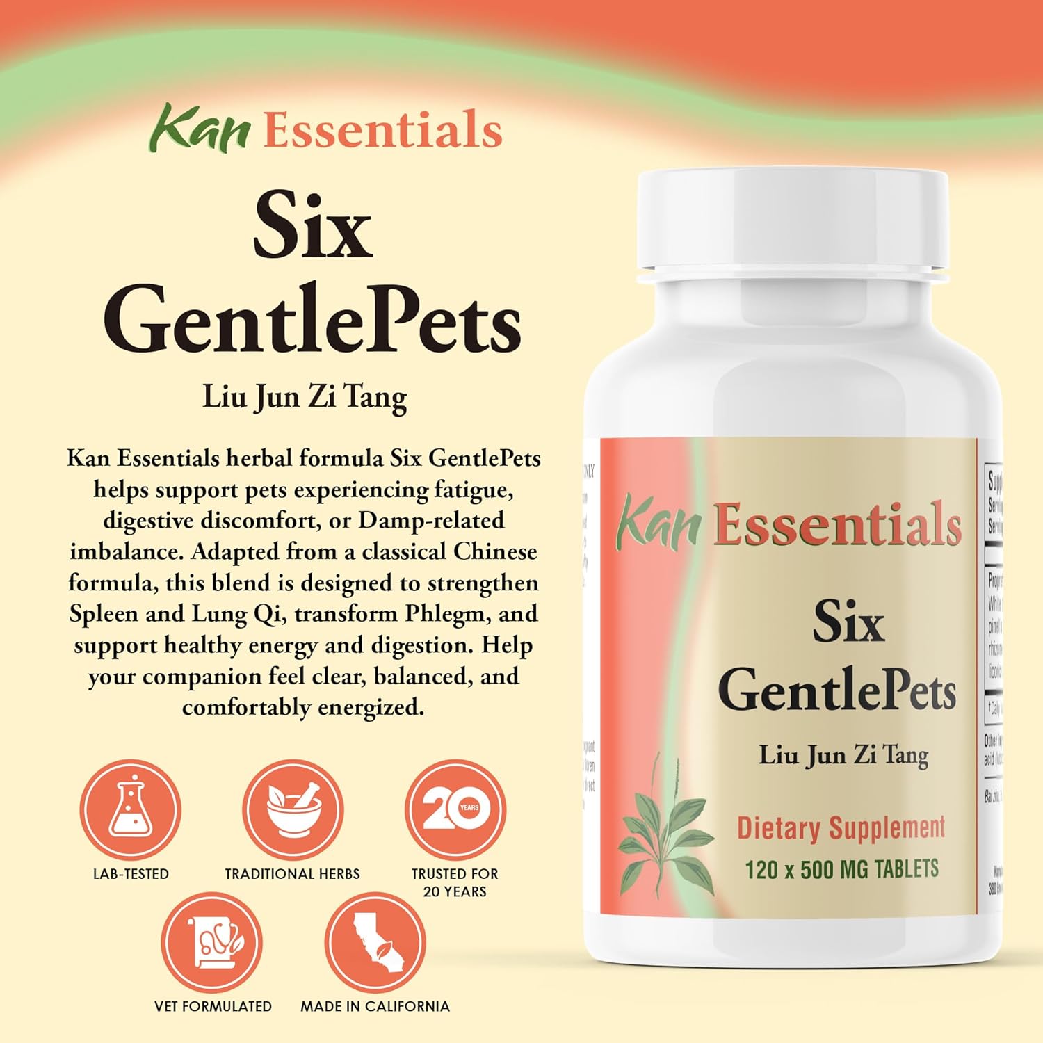 Kan Herbs Company Six GentlePets – Traditional Chinese Herbal Blend for Dogs and Cats to Support Energy, Digestion, Appetite, and Respiratory Comfort, Herbal Supplement for Pets, 120 Tablets