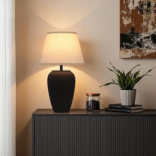 Miniatura 7 de Ceramic Pot Table Lamp 21.25 inch Tall Striped Nightstand Lamp, Tapered Fabric Shade Bedside, Ceramic Decorative for Living Room Bedroom House