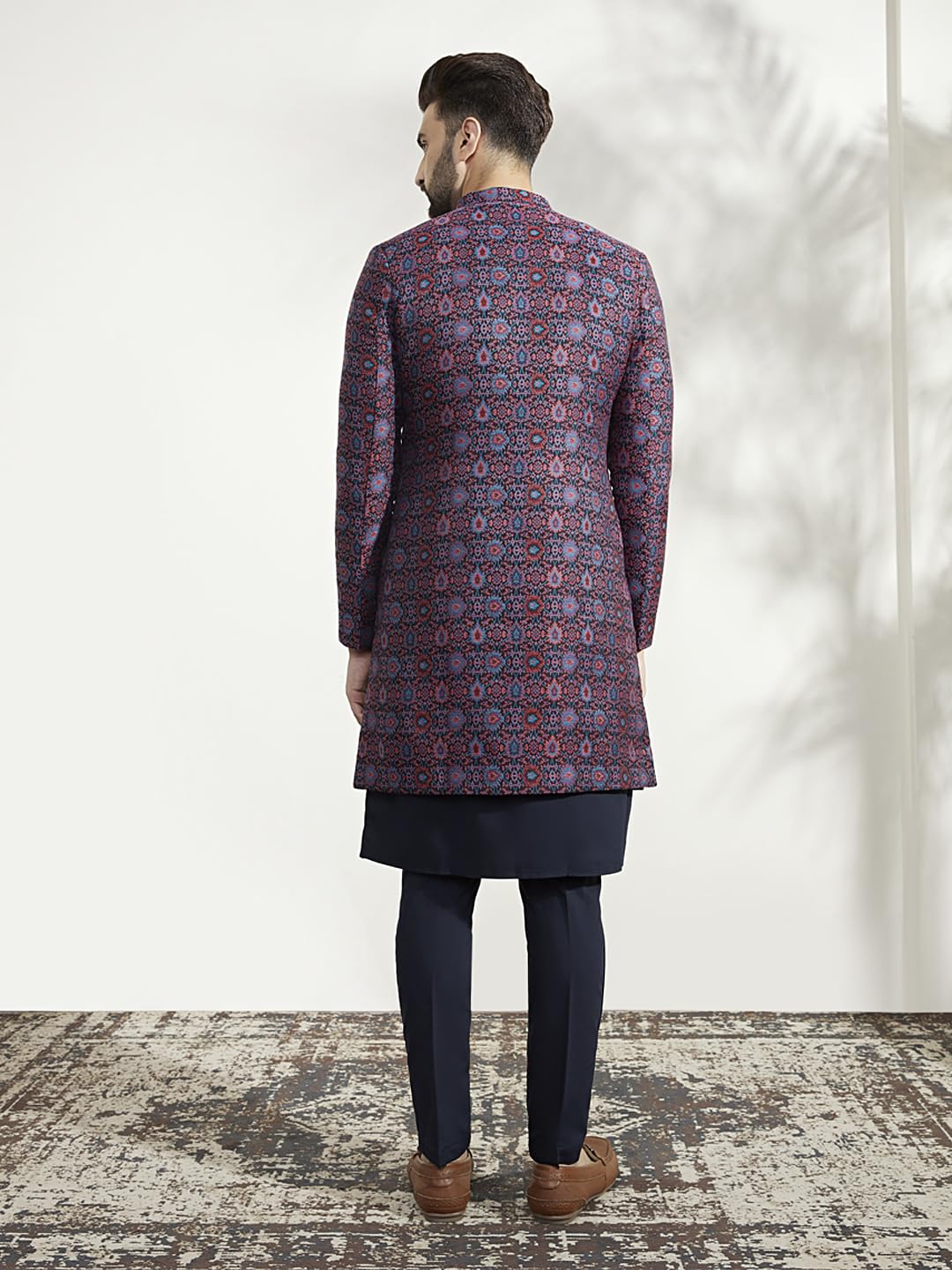 Kisah Men's Kurta Indo-Western Sherwani Trouser Set, Multi Jacquard, Woven Design Regular Fit Mandarin Collar Full Sleeves (Medium)