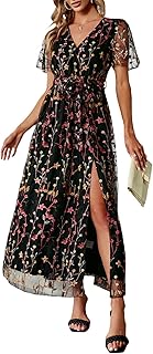 BerryGo Women's Mesh Embossed Short Sleeve Floral Lace Semi Formal Dress V Neck Long Maxi Dress for Wedding Guest