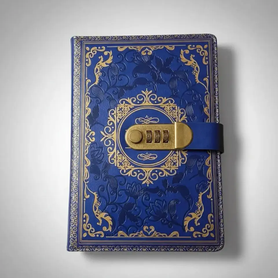Caderno Vintage Couro Feminino Flores Com Pauta Cadeado de Senha Diário A5 Segredo com Trava de Combinação Lock Fechadura Agenda Anotações Pautado 100 Páginas (azul)