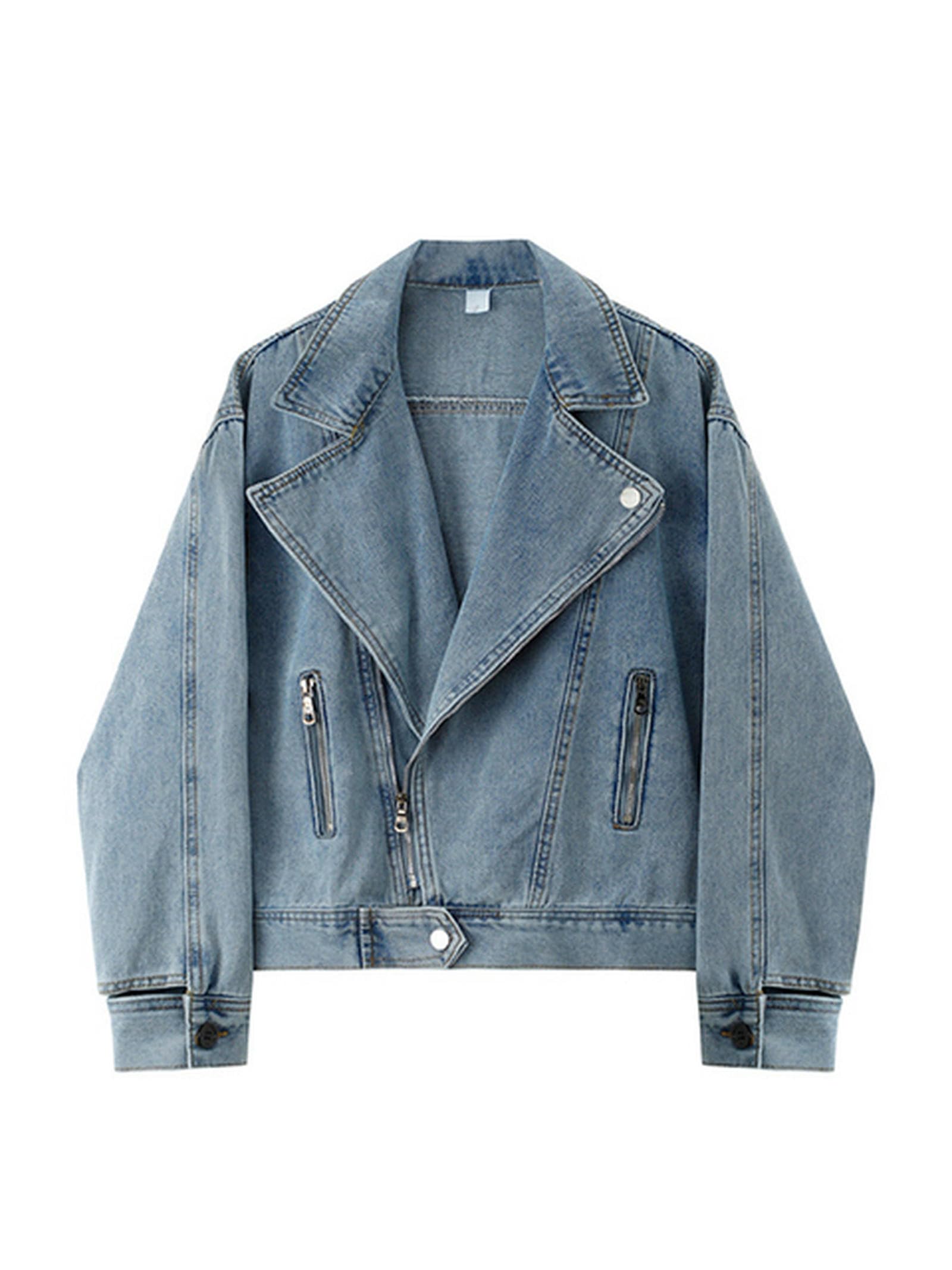 Chaqueta Vaquera para Mujer Chaqueta con Cremallera De Solapa De Motocicleta Retro Engrosada Moda Callejera Hip-Hop Chaqueta Vaquera Suelta Informal Versátil-Azul-XL