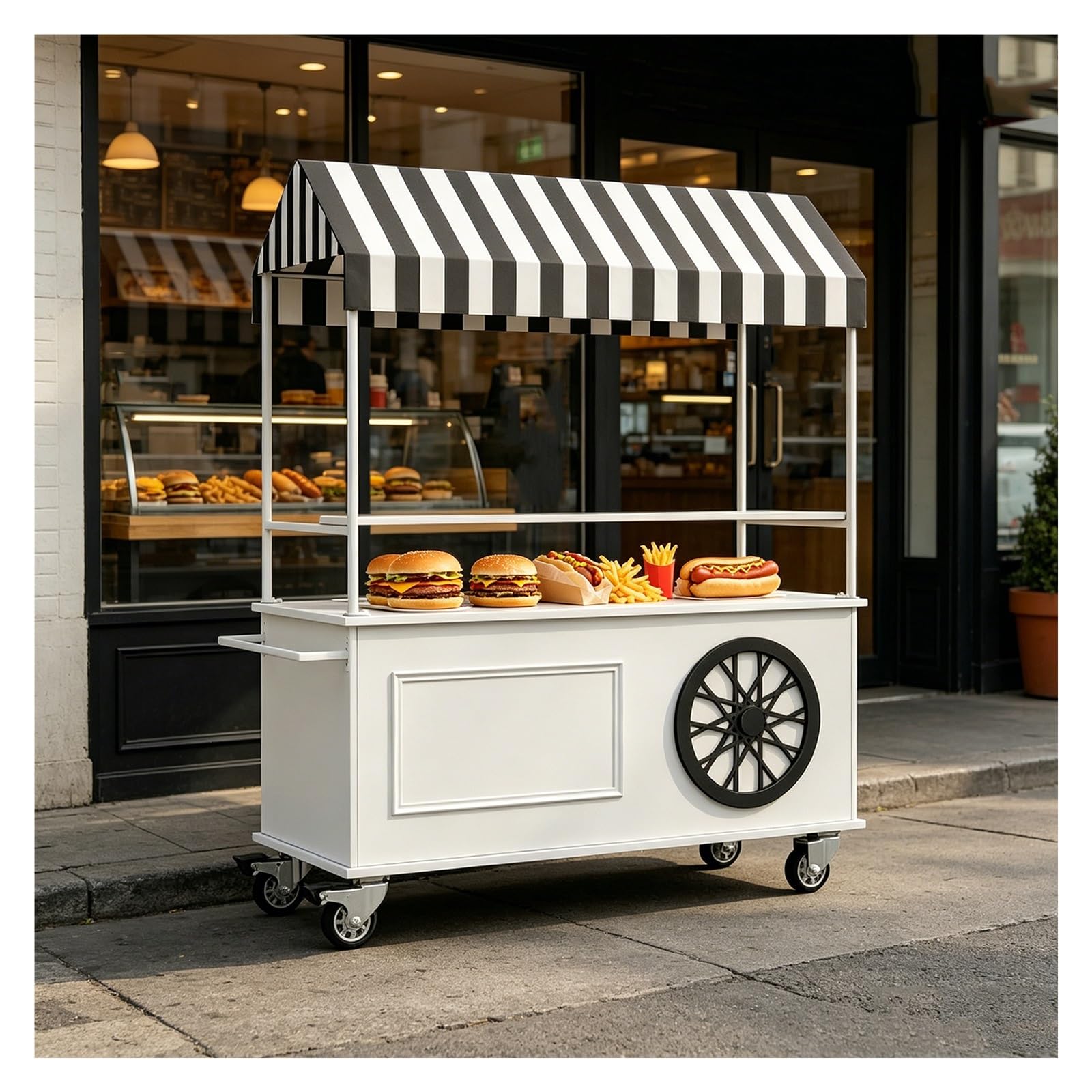 Market Stall with Striped Awning, Metal Frame, Outdoor Markets Cart, Double-tier Display Counter and Storage Cabinet, Lockable Casters, and Handrails