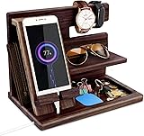 Geschenke für Männer Weihnachten Holz Telefon Dockingstation Uhren Geldbörsen Nachttisch Organizer Geburtstag Geschenk Papa, Geburtstagsgeschenke für Männer oder Vater Schreibtisch Organizer Holz Braun