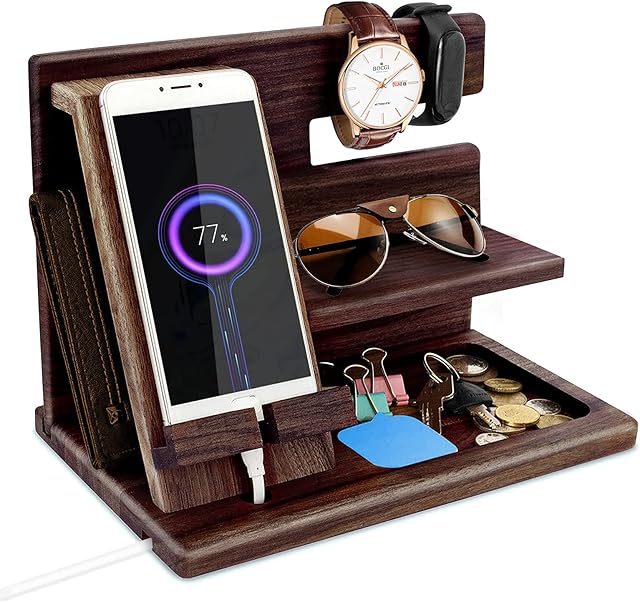 Gifts for Men Bedside Organiser for Him Birthday Gifts for Him Wood Phone Docking Station Key Holder Wallet Stand Watch Organizer Valentines Gifts for Him Wooden Organiser Gifts for Dad Men Husband