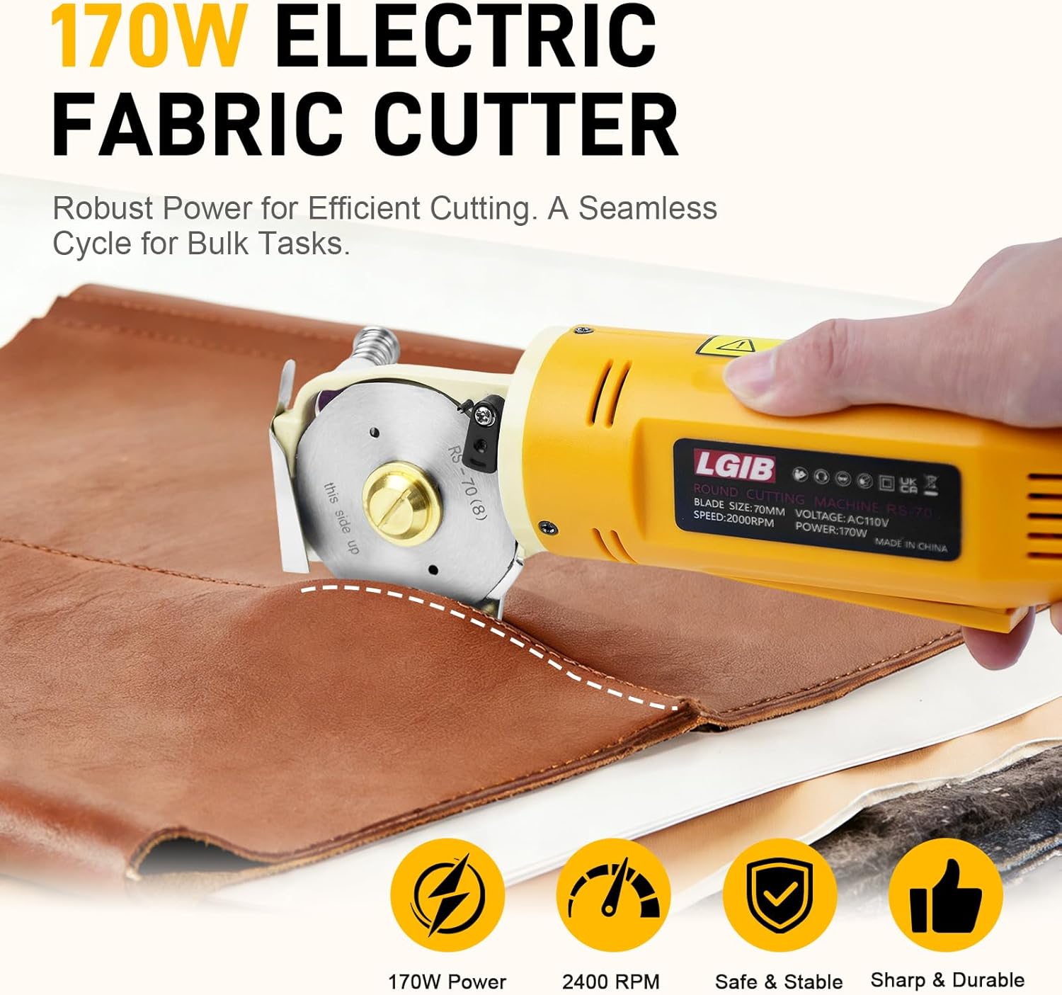 Electric Fabric Cutting Machine 170W Rotary Cutter with Self-Sharpening Alloy Steel Blade, Cuts Up to 1 Inch, Heavy Duty Electric Fabric Cutter Machine for Multi-Layer Cloth, Fabric & Leather