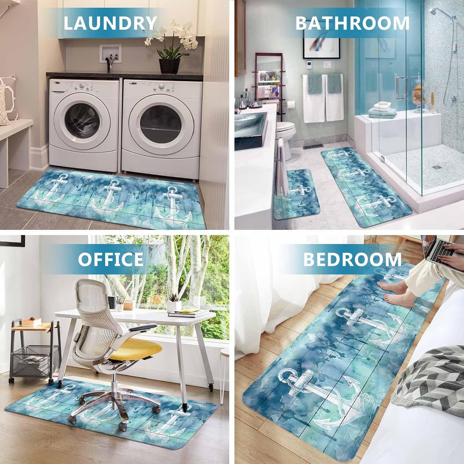 Prime Leader Summer Ocean Anchor Kitchen Mat Set 2 Pieces Nautical Watercolor Sea Blue Anchor Wood Grain Non Slip Kitchen Rugs Washable Runner Rug Mats for Sink Laundry (15.7" x 23.6"+15.7" x 47.2")