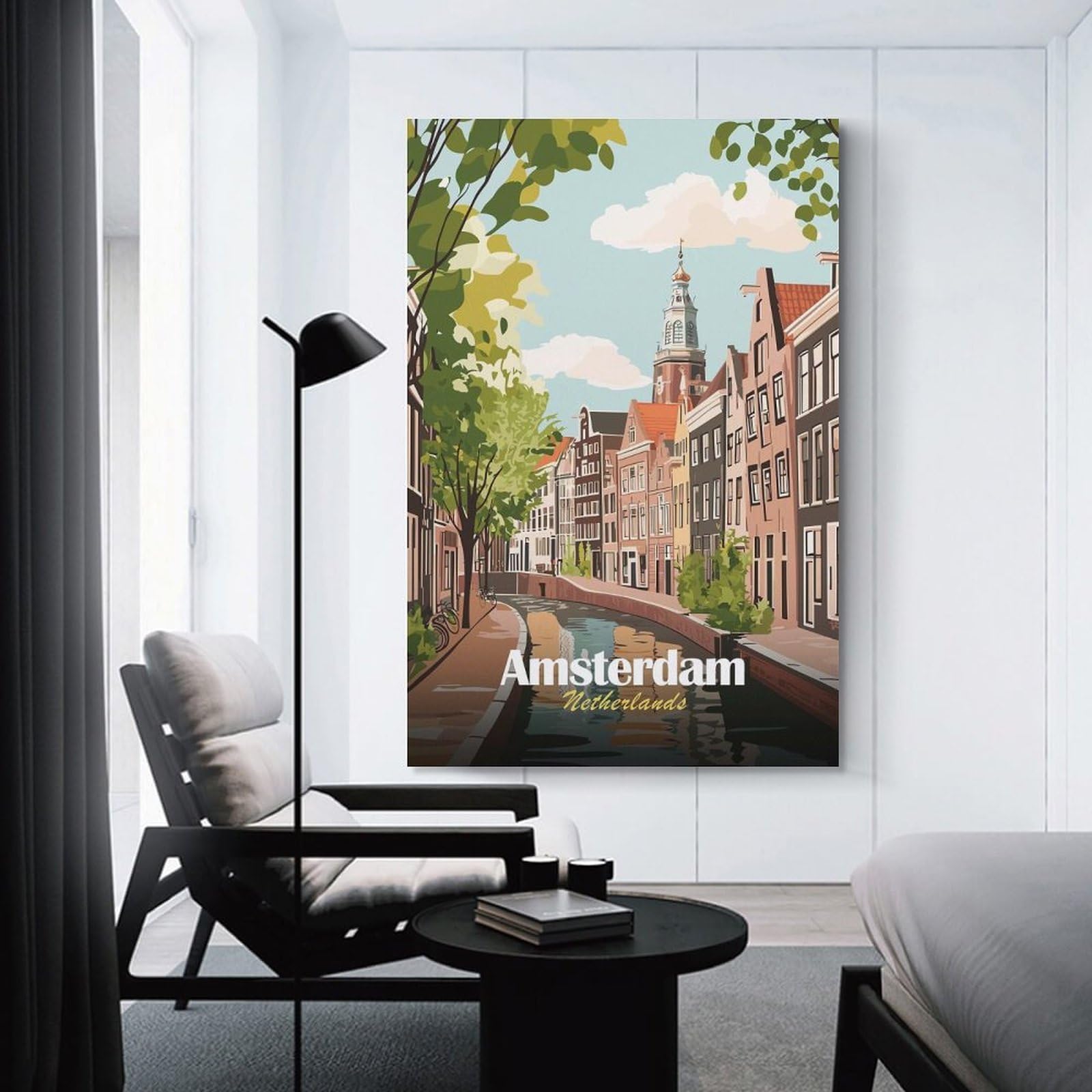 Junmoney Amsterdam Netherlands Canal Cityscape Illustration Decorative Canvas Print 20x30inch(50x75cm), for Flats, Guest Rooms Or Compact Rooms, Home Artwork for Modern Interiors