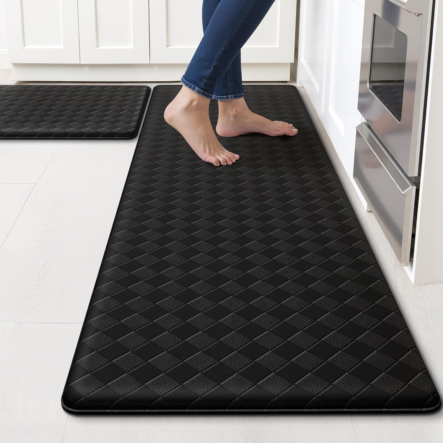Kitchen Mats, 2PCS Kitchen Rugs, Cushioned Anti Fatigue Kitchen Mats for Floor, Non-Slip Standing Desk Mat, Waterproof Kitchen Rug Set for Kitchen Floor Office,17.3"×30"+17.3"×59" Black