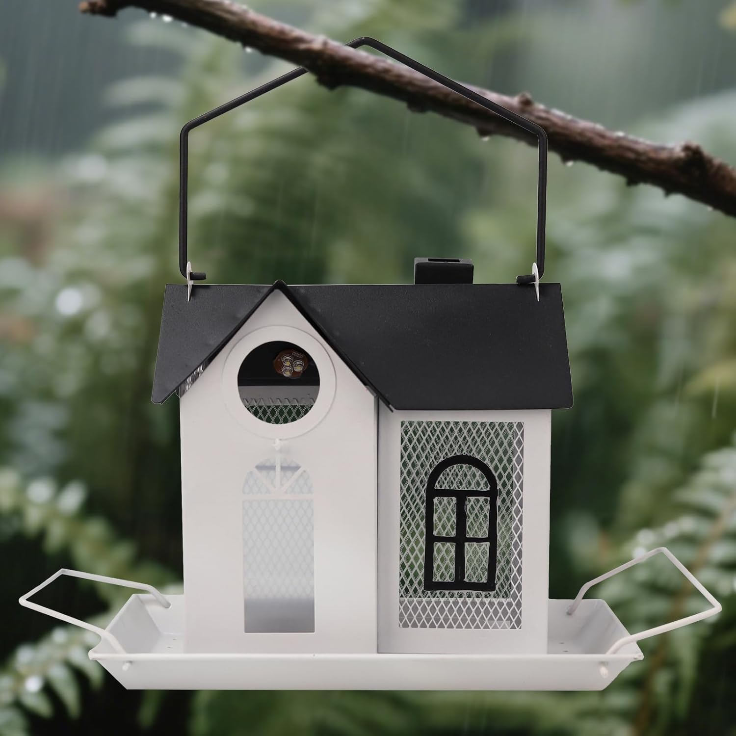 Solar Bird Feeder for Outdoors – White Metal Hanging Bird Feeder with Solar Light, Decorative Bird House Feeder for Cardinals, Finches, and Wild Birds, Weatherproof Backyard Garden Decor - Image 5