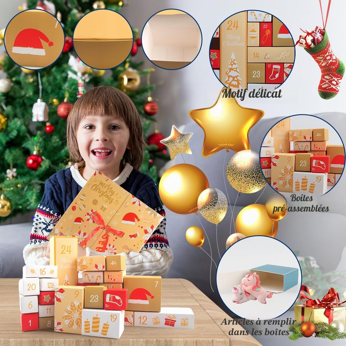 Set De Boîtes Calendrier De l'Avent Diy, 24 Boîte Cadeau De Noël, Kit Calendrier De l'Avent a Remplir, Calendrie De Compte à Rebours De Noël Décorations (Huang)