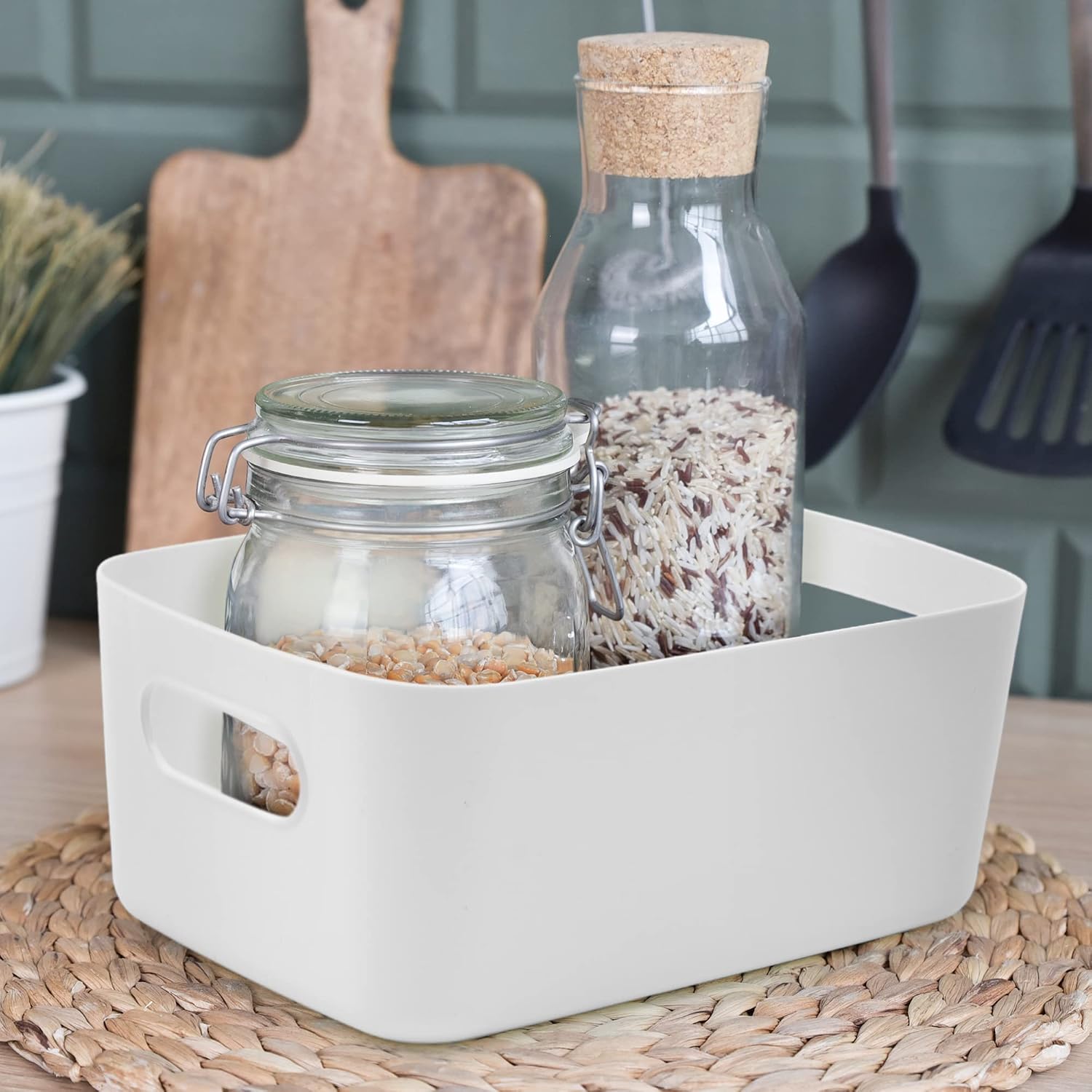 SA Products Set of 3 Storage Box, White Storage Boxes With Handle, Stackable & Minimalist Rectangular Plastic Storage Baskets - Image 5