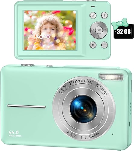 Cámara digital, cámara digital FHD 1080P para niños, cámara de video con tarjeta SD de 32 GB, zoom digital 16X, cámara compacta de punto y disparo,