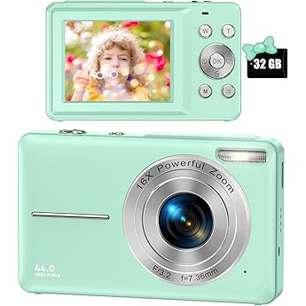 Digital Camera 44MP 1080P HD Photo Camera with 32GB Card Compact Camera 16X Digital Zoom with 2 Rechargeable Batteries Camera for Children Teenagers Beginners Boys Girls Green