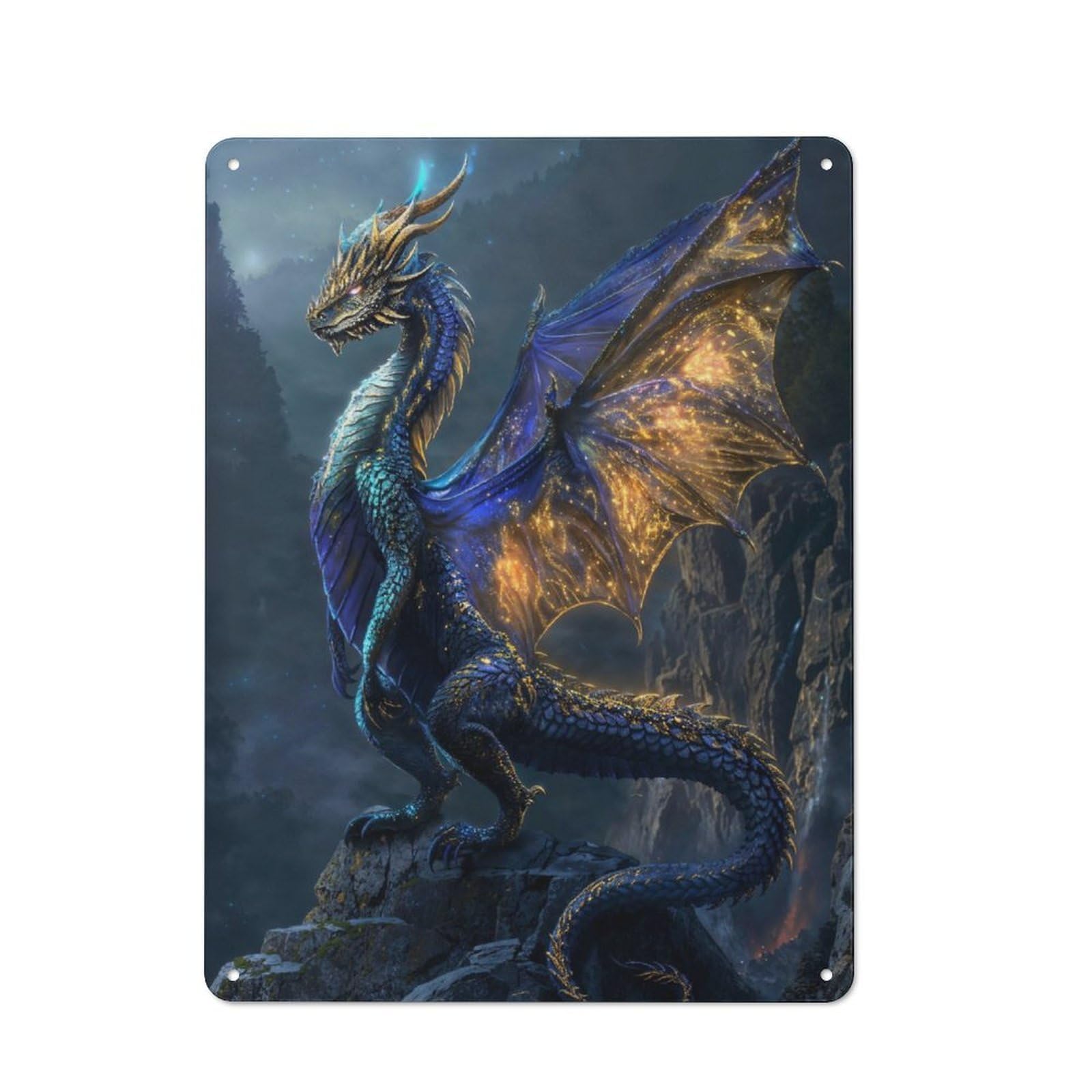Ethereal Starfall Dragon Tin Wall Plaque 40x30cm, Rustic Cottage Wall Art for Dining Room, Cafe, Entryway Or Family Room