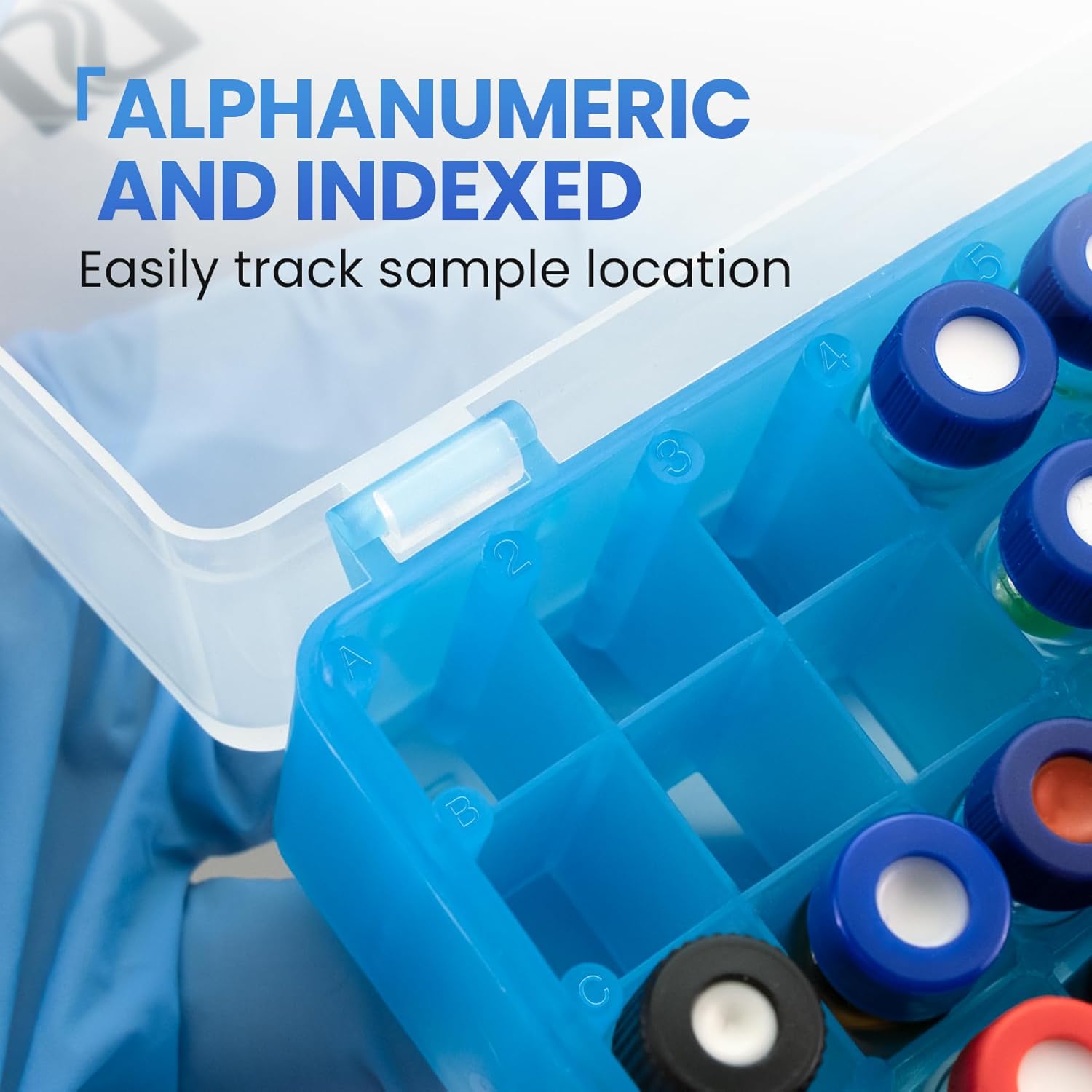 ALWSCI 100 Well Microtube Storage Box, Polypropylene Lockable Vial Holder Rack for 1.5/1.8/2 ml Microcentrifuge Tubes and Autosampler Vials Samples, Blue, 5 Pack