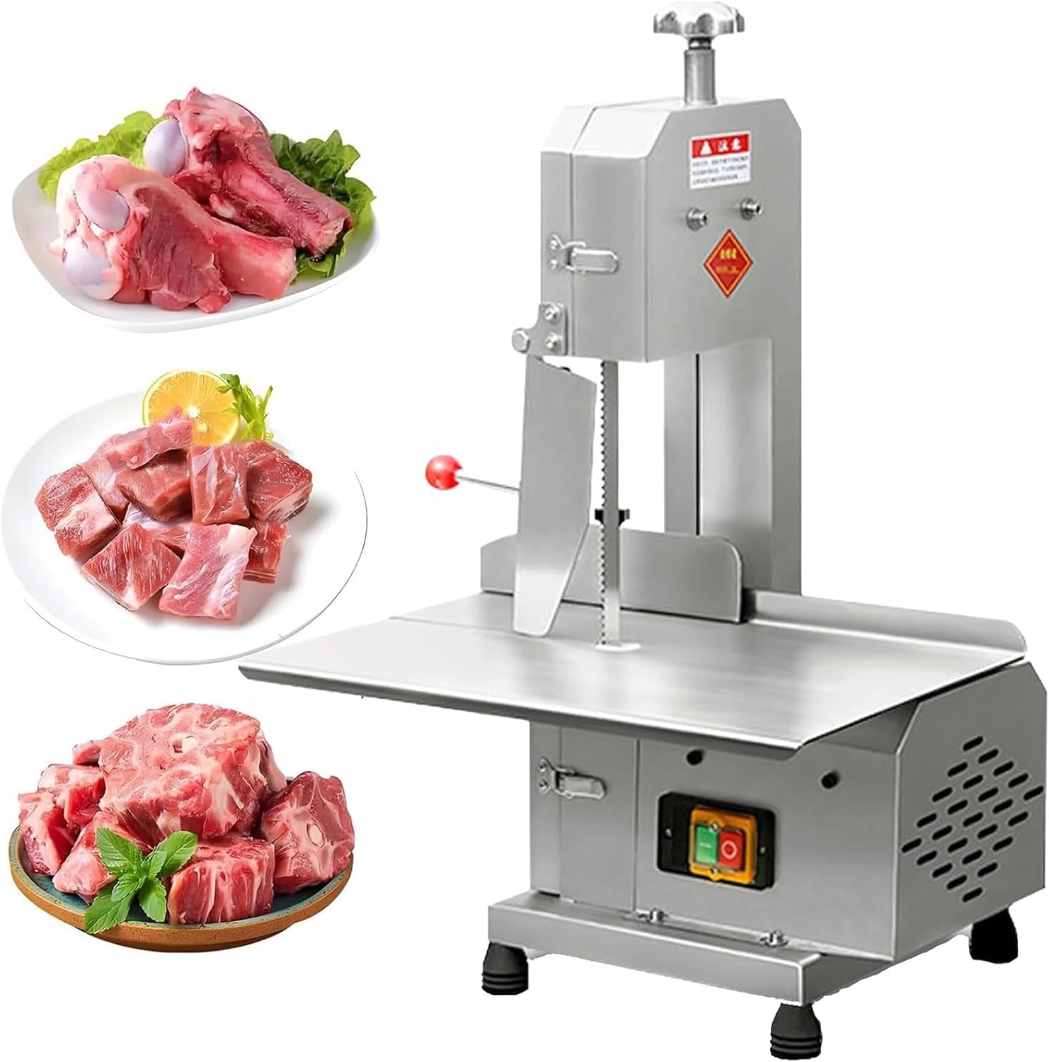 Electric Meat Band Saw Machine,750W Commercial Stainless Steel Meat Cutter with 5 Blades,0-13cm cutting thickness Meat Cutting Bandsaw Machine,for pig trotters/steaks/lamb bones/fro-zen meat etc