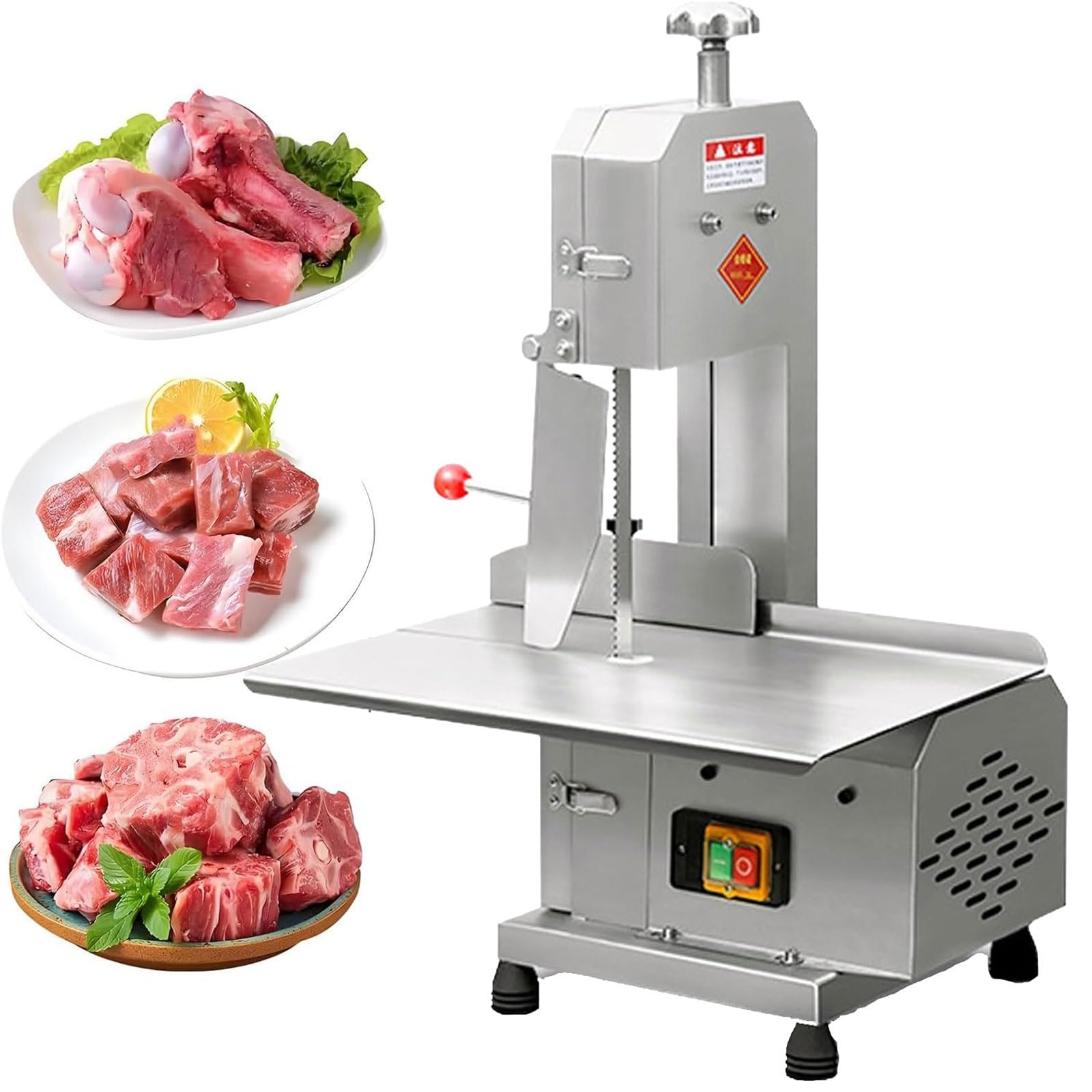 Máquina de sierra de cinta eléctrica comercial para corte de carne con potencia de 750 W y grosor ajustable para procesamiento profesional de alimentos