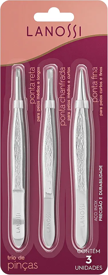 Kit com Pinças de Ponta Reta, Chanfrada e Fina, Cor Silver, Lanossi.