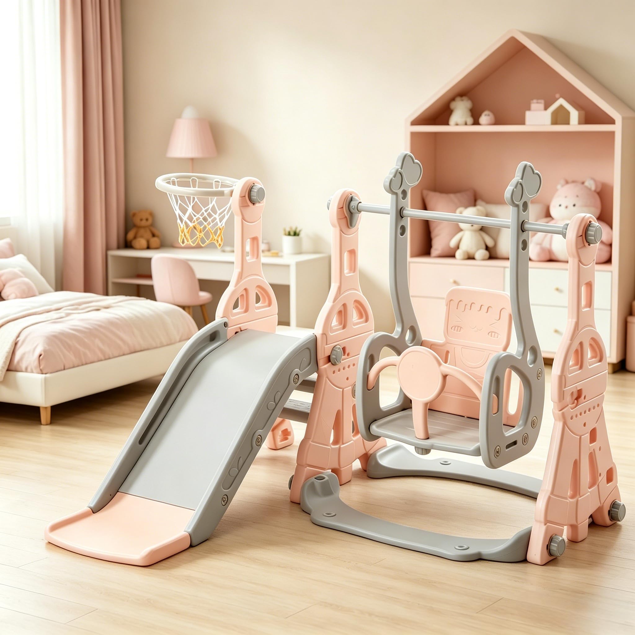 Scivolo per bambini per esterni, 4 in 1, con scivolo, altalena, struttura per arrampicata, canestro da basket, per interni ed esterni, scivolo autoportante, parco giochi per bambini piccoli
