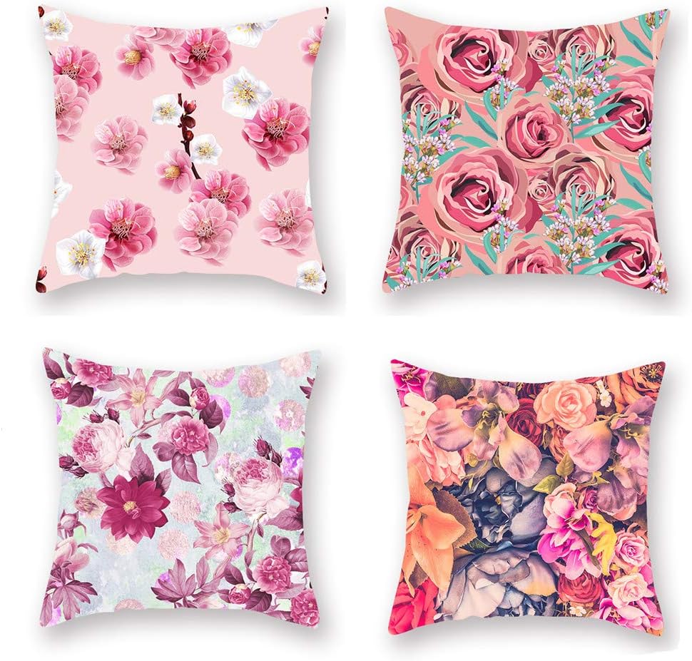 4 Pcs Pink Flowers Series Soft Throw Pillow Covers Cases Square Decorative Cushion Covers Pillowcase Cushion Case for Sofa,Couch 18 x 18 Inch