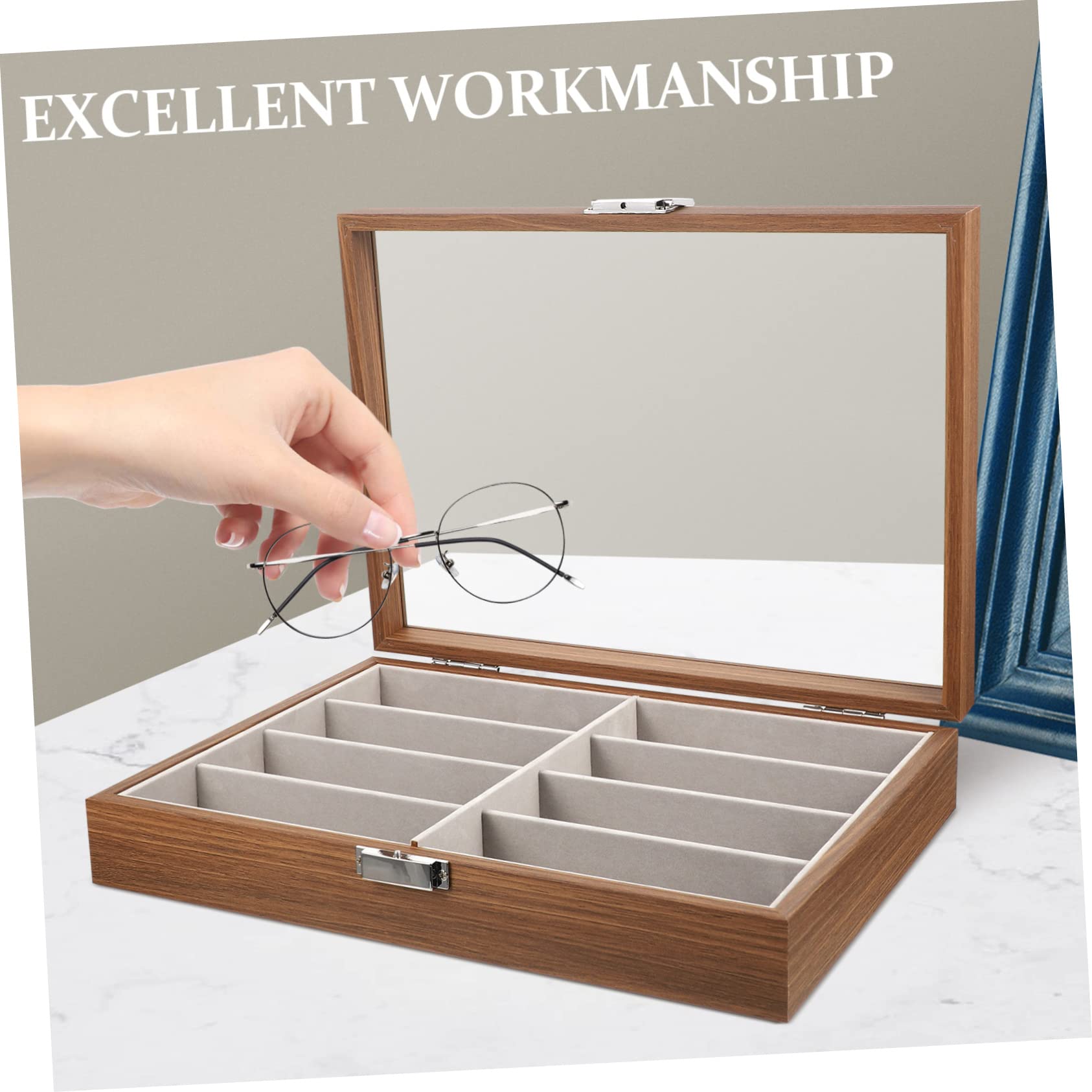 Zerodeko Organizer Porta Occhiali in Legno con 8 Scomparti e Interno in Velluto, Scatola Portaocchiali da Viaggio con Finestra Trasparente, Custodia Porta Occhiali da Sole Portatile