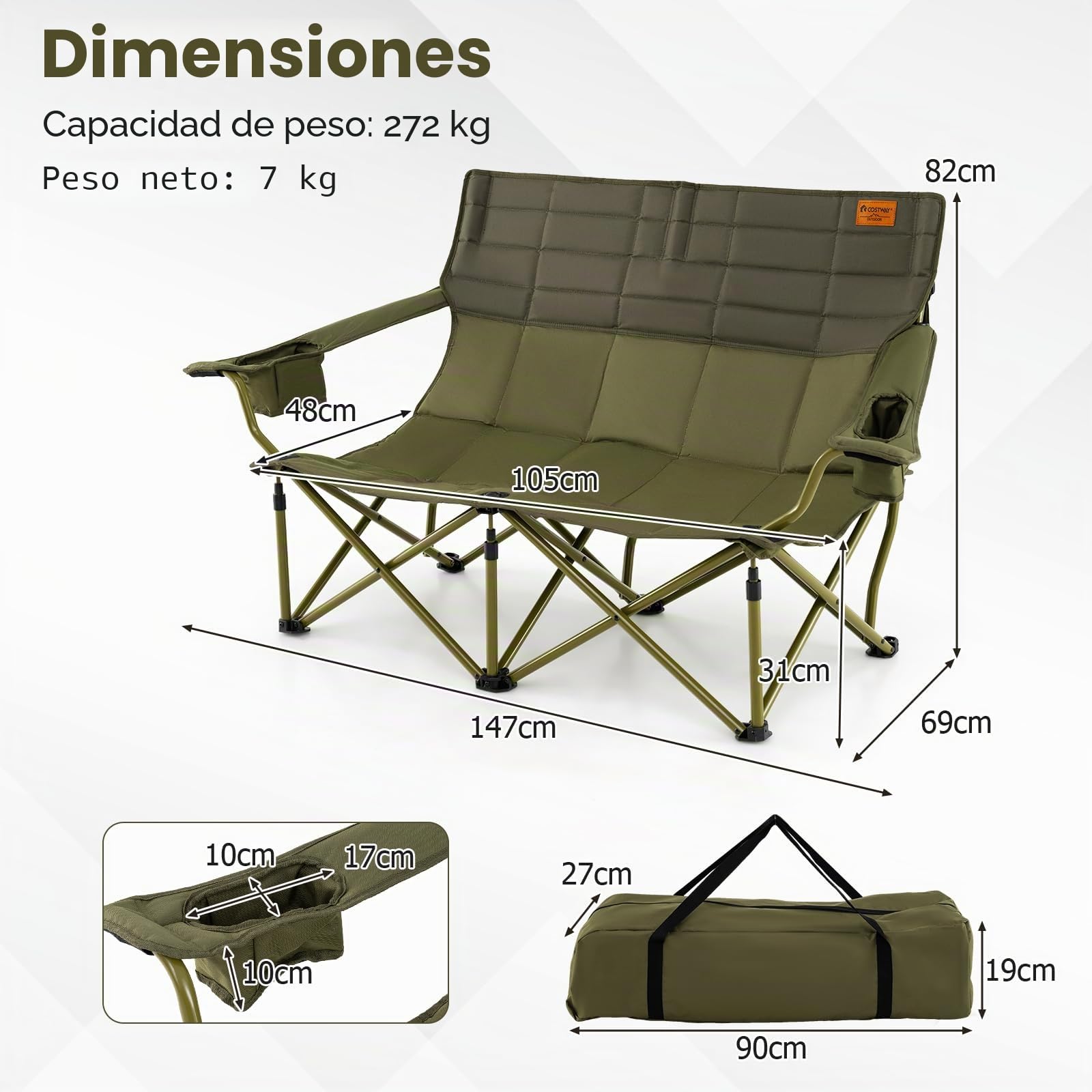 GOPLUS - Silla de camping doble, sillón de playa acolchada con portavasos, apoyabrazos ajustables, banco de camping de 2 plazas plegable para pesca, camping, picnic, playa, carga 300 kg (verde)
