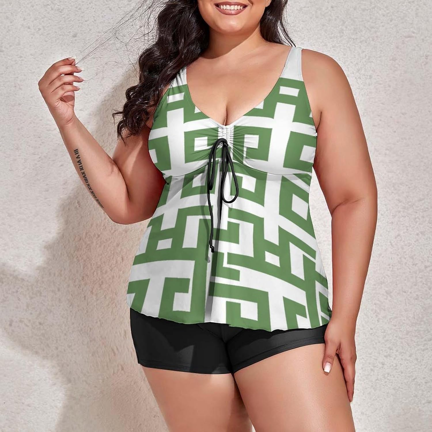 Women's Plus Size Tankini Swimsuit with Shorts Small Floral Motifs on Rustcolored 2 Piece Bathing Suits Swimwear Tummy