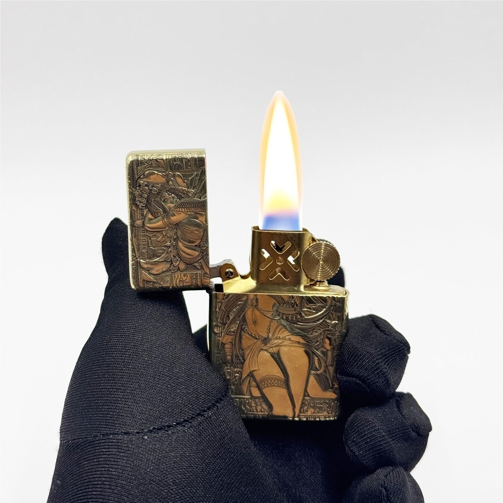 Accendino a Cherosene Vintage con Stampa in Rilievo - Accendini da Trincea in Ottone Fatti a Mano, accensione a Mola Vecchio Stile, Fiamma Morbida Antivento, Perfetto for Candele da(Copper)
