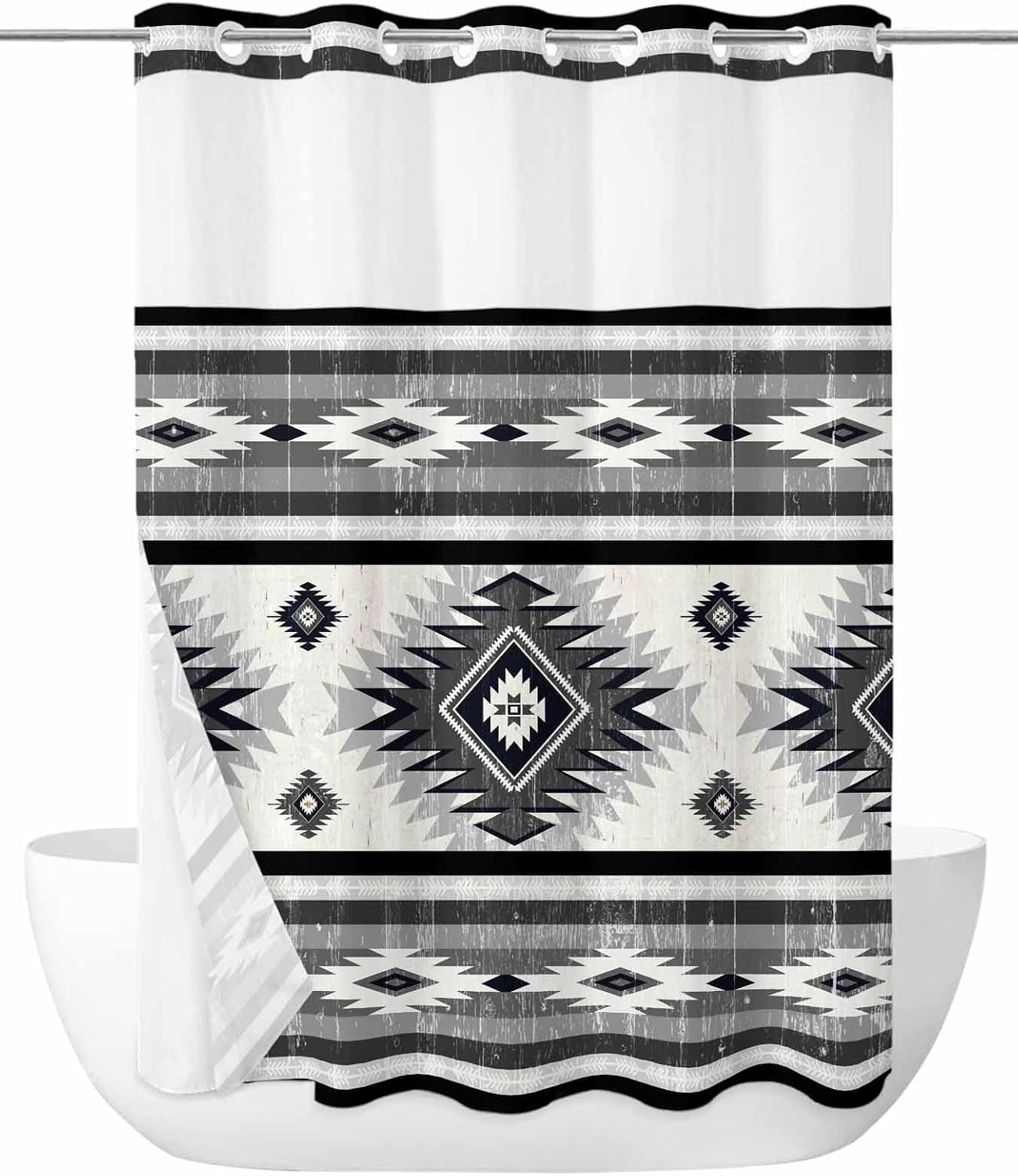 No Hook Shower Curtain with Snap in Liner Set Orange Boho Aztec Shower Curtain for Bathroom Southwest Tribal Geometric Bath Curtains Waterproof Inner Liner with See Through Top Window for Hotel 72x72